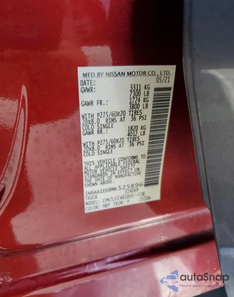 2021 Nissan Titan Sv из США, поврежденный, VIN 1N6AA1ED8MN525896